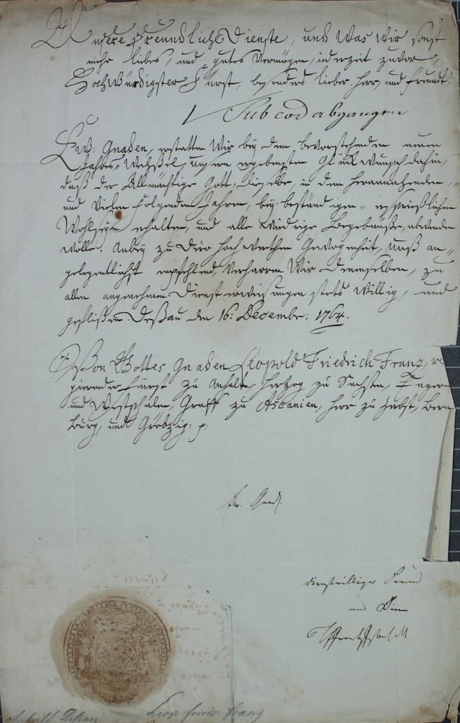 Brief von Leopold Friedrich Franz von 1764 (Museum im Schloss Lützen CC BY-NC-SA)