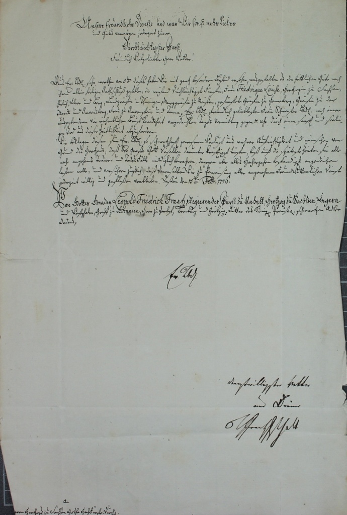 Brief von Leopold Friedrich Franz von 1776 (Museum im Schloss Lützen CC BY-NC-SA)