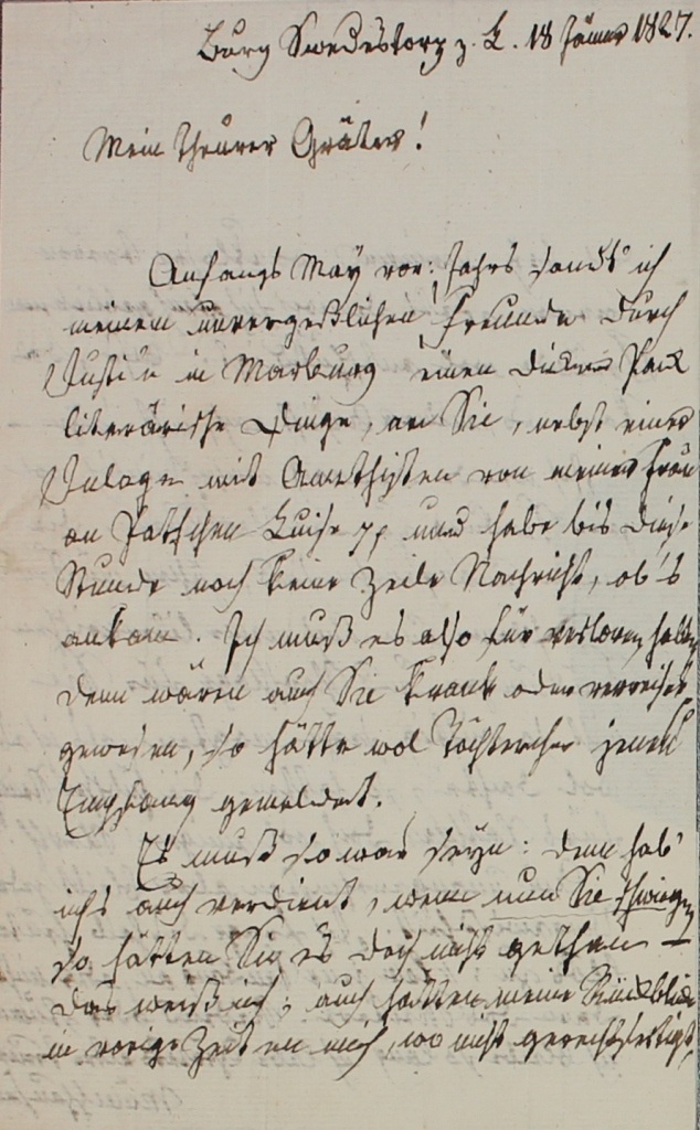 Brief von Münchhausen an Gräter von 1827 (Museum im Schloss Lützen CC BY-NC-SA)
