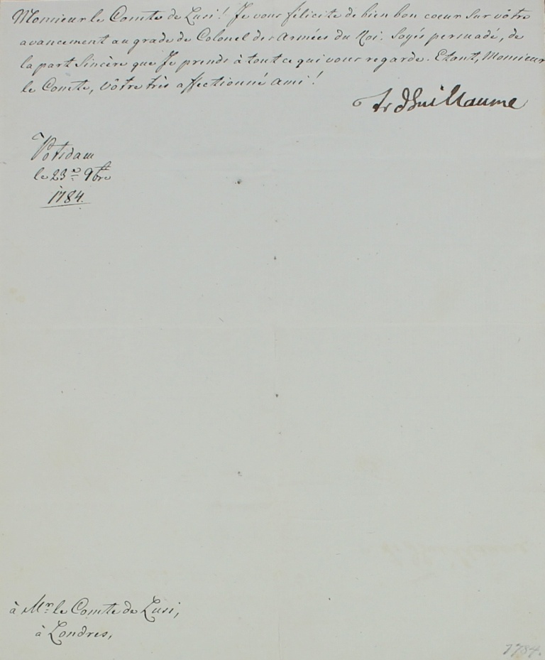 Brief von Friedrich Wilhelm II. an Graf von Lusi, 1784 (Museum im Schloss Lützen CC BY-NC-SA)