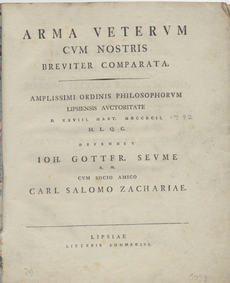 Seume: Arma veterum cum nostris breviter comparata, Abbildung 1 (Museum im Schloss Lützen CC BY-NC-SA)