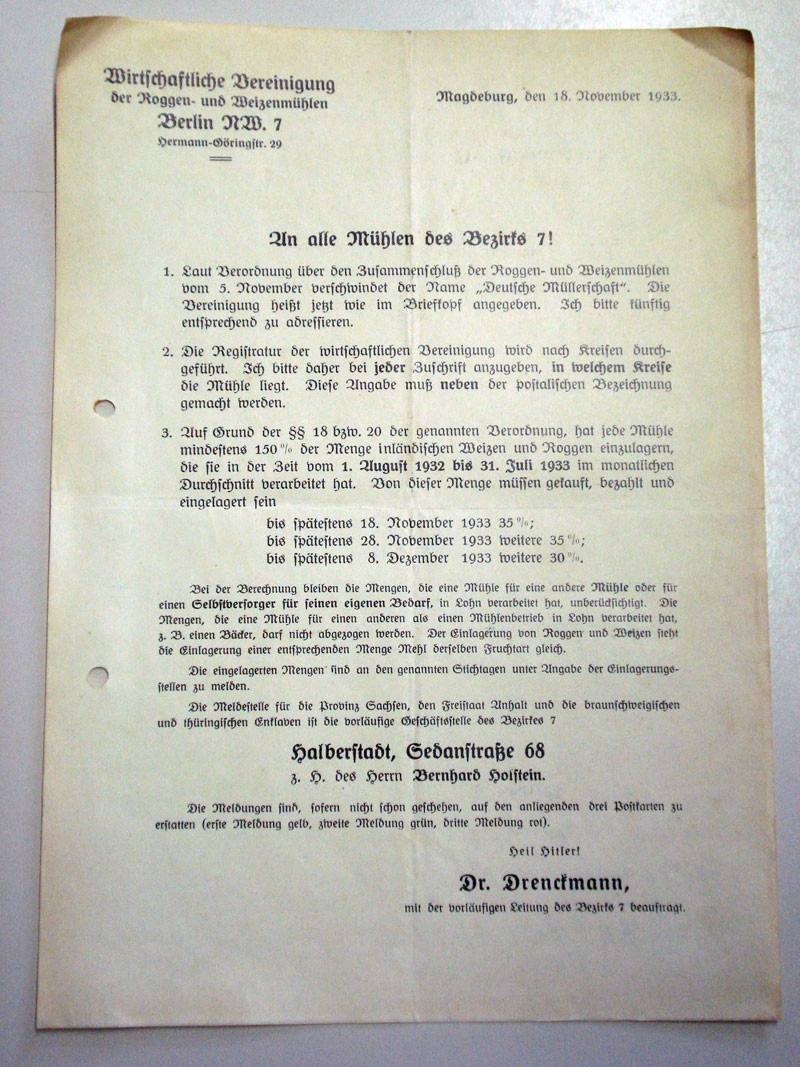 Rundschreiben der Wirtschaftlichen Vereinigung der Roggen- und Weizenmühlen (18.11.1933) (Museum Petersberg CC BY-NC-SA)