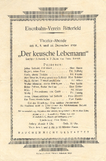 Scan des Flugblattes zum Theater-Abend &quot;Der keusche Lebemann&quot; (Kreismuseum Bitterfeld CC BY-NC-SA)
