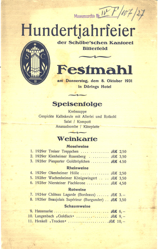 Speisekarte anläßlich des 100-jährigen Bestehens der Schöbe´schen Kantorei (Kreismuseum Bitterfeld CC BY-NC-SA)