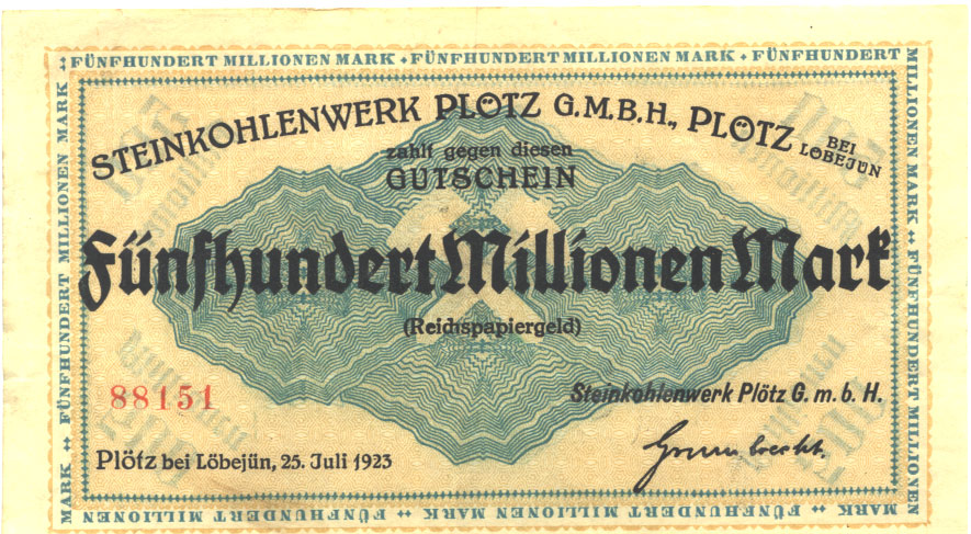 Notgeldschein des Steinkohlenwerk Plötz GmbH (Kreismuseum Bitterfeld CC BY-NC-SA)