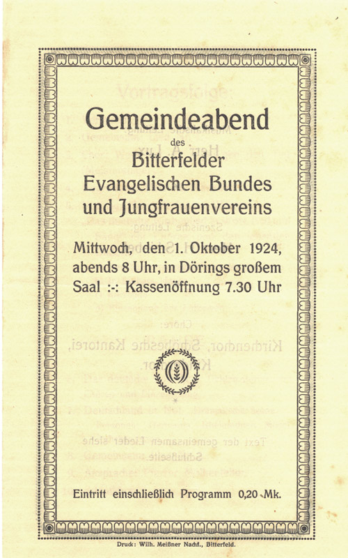 Programm Gemeindeabend des Bitterfelder Evangelischen Bundes und Jungfrauenvereins (Kreismuseum Bitterfeld CC BY-NC-SA)