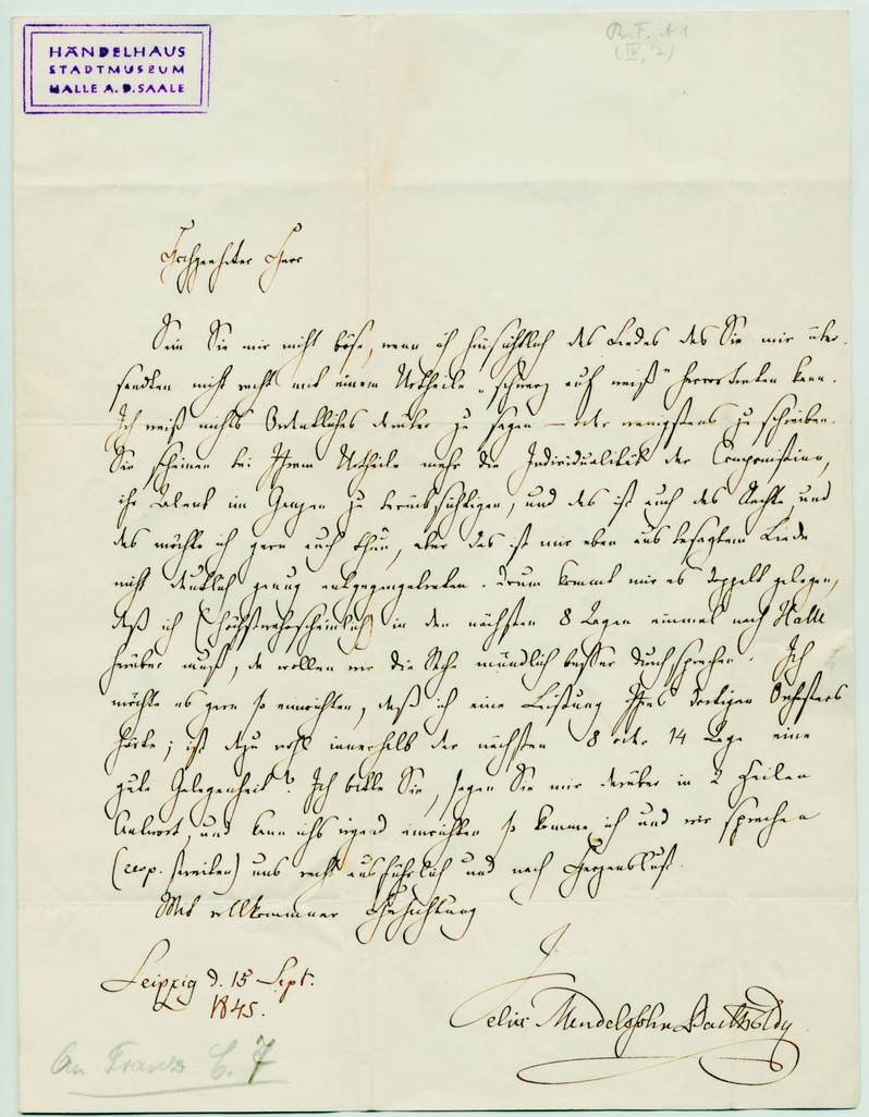 Brief von Felix Mendelssohn Bartholdy an Robert Franz (Stiftung Händel-Haus Halle CC BY-NC-SA)