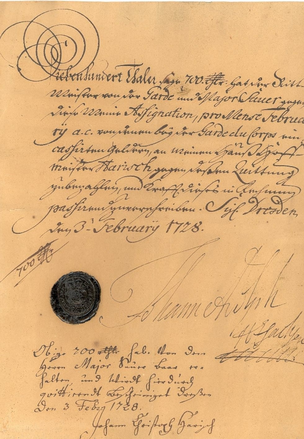 Zahlungsanweisung von Johann Adolph II. an den Rittmeister der Garde du Corps (Museum Weißenfels - Schloss Neu-Augustusburg CC BY-NC-SA)