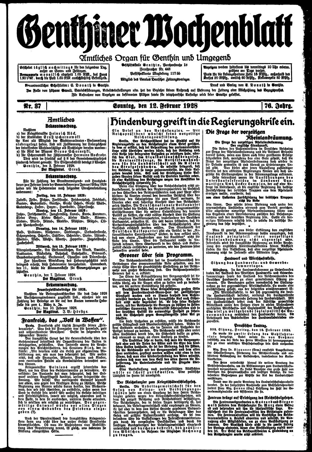 Zeitung Genthiner Wochenblatt 12.2.1928 (Kreismuseum Jerichower Land, Genthin CC BY-NC-SA)