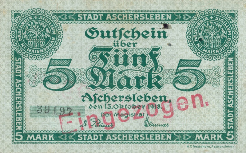 Großnotgeld 5 Mark (Aschersleben 1918) (Kulturstiftung Sachsen-Anhalt CC BY-NC-SA)