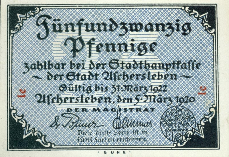 Serienschein 25 Pfennig (Aschersleben 1920) (Kulturstiftung Sachsen-Anhalt CC BY-NC-SA)