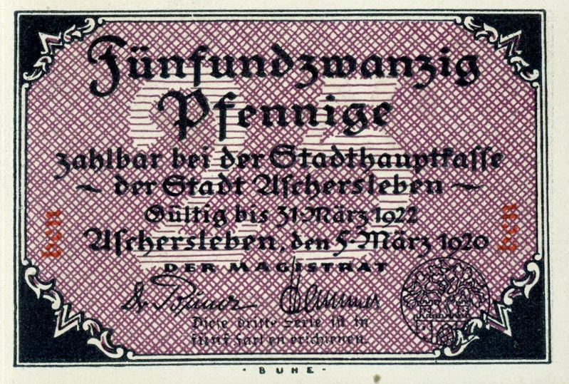 Serienschein 25 Pfennig (Aschersleben 1920) (Kulturstiftung Sachsen-Anhalt CC BY-NC-SA)