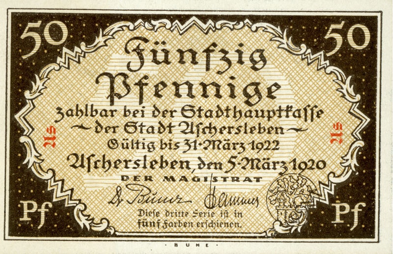 Serienschein 50 Pfennig (Aschersleben 1920) (Kulturstiftung Sachsen-Anhalt CC BY-NC-SA)