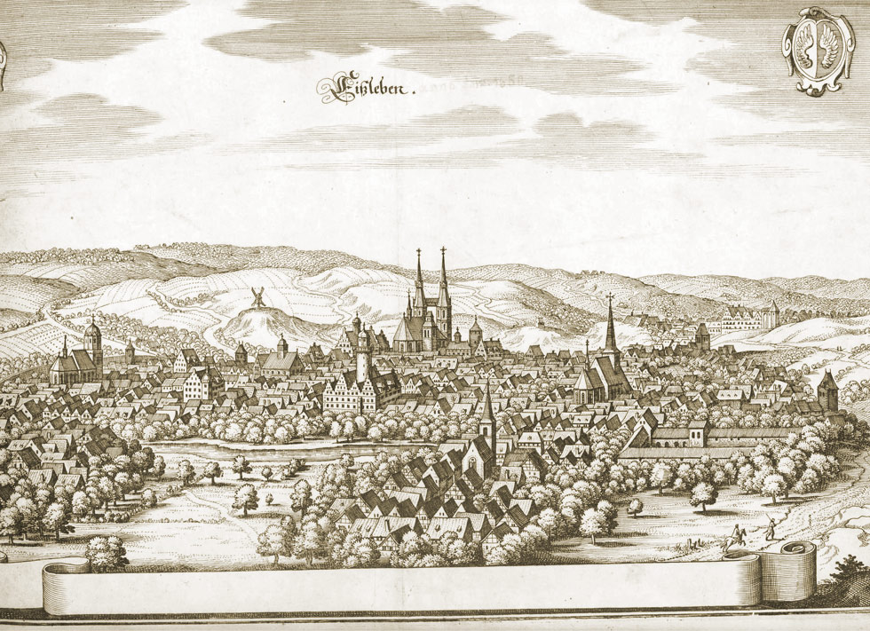 Kupferstich: Eisleben im 17. Jahrhundert (Regionalgeschichtliche Sammlungen der Lutherstadt Eisleben CC BY-NC-SA)