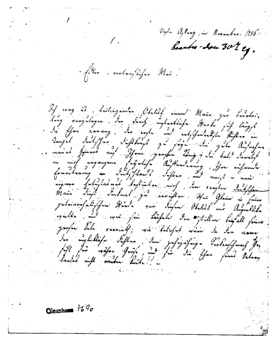 Brief Ch. F. D. Schubarts an J. W. L. Gleim, Veste Asberg im November 1786 (Gleimhaus Halberstadt CC BY-NC-SA)