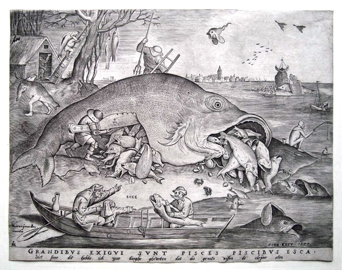 Die großen Fische fressen die kleinen, Kupferstich von P. van der Heyden nach einer Zeichnung von P. Brueghel d. Ä. (Kulturhistorisches Museum Magdeburg CC BY-NC-SA)