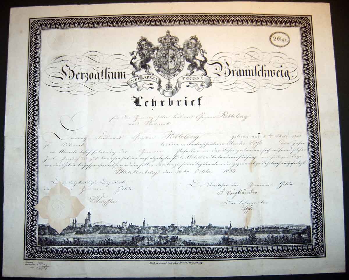 Lehrbrief des Zimmerers Ferdinant ... Rebbeling (Herbergsmuseum / Historische Gesellenherberge Blankenburg CC BY-NC-SA)