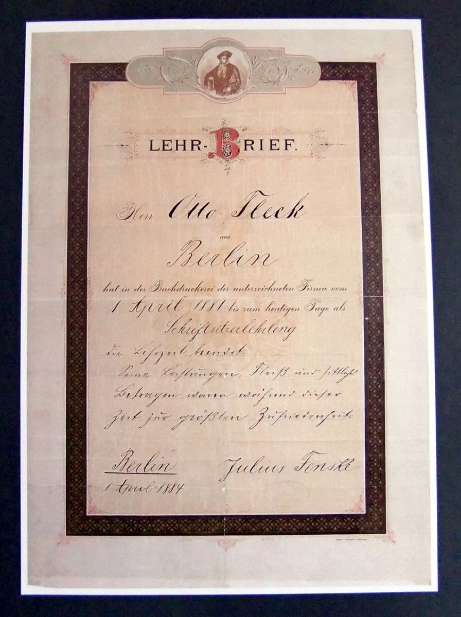Lehrbrief des Otto Fleck (Herbergsmuseum / Historische Gesellenherberge Blankenburg CC BY-NC-SA)