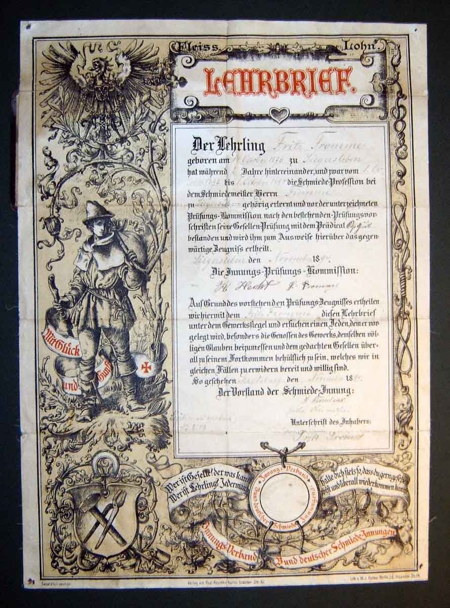 Lehrbrief des Schmieds Fritz Fromme (Herbergsmuseum / Historische Gesellenherberge Blankenburg CC BY-NC-SA)