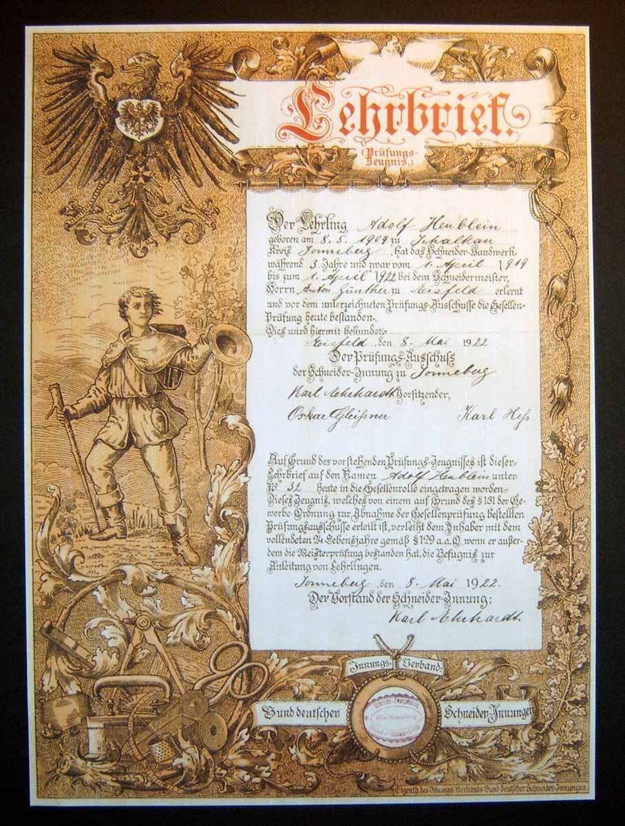 Lehrbrief des Schneiders Adolf Heublein (Herbergsmuseum / Historische Gesellenherberge Blankenburg CC BY-NC-SA)
