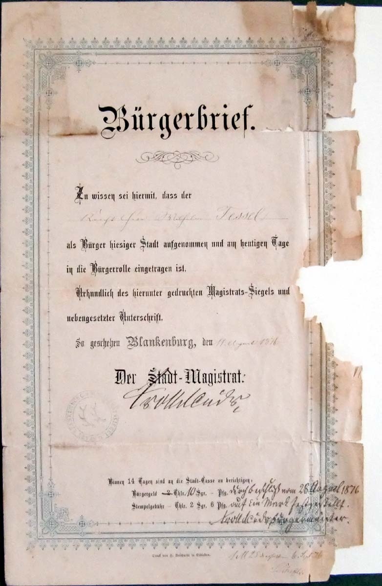 Bürgerbrief des Rüdiger Stefan Fessel (Herbergsmuseum / Historische Gesellenherberge Blankenburg CC BY-NC-SA)