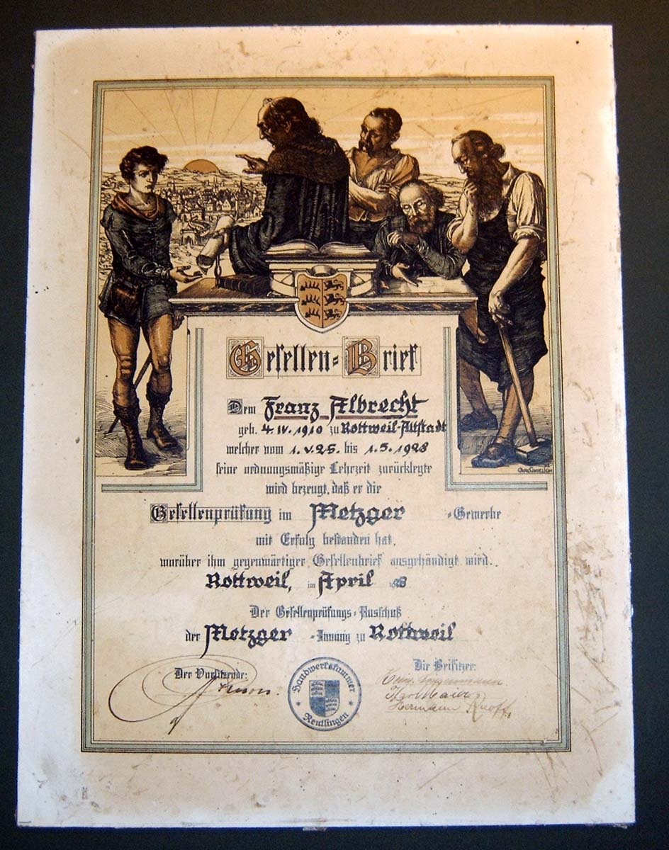 Gesellenbrief des Metzgers Franz Albrecht (Herbergsmuseum / Historische Gesellenherberge Blankenburg CC BY-NC-SA)