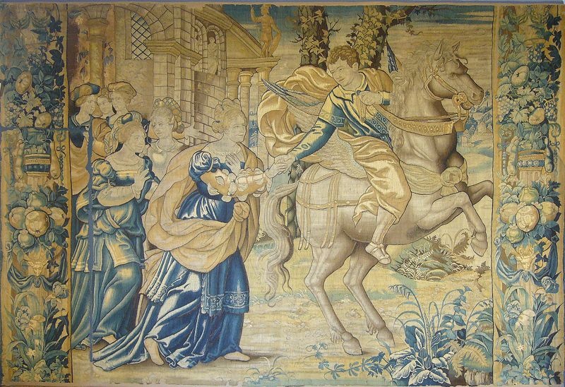 Wandteppich: &quot;Der Dichter auf dem Pegasus verabschiedet seine Musen&quot; (Städtische Museen Quedlinburg/Schlossmuseum CC BY-NC-SA)