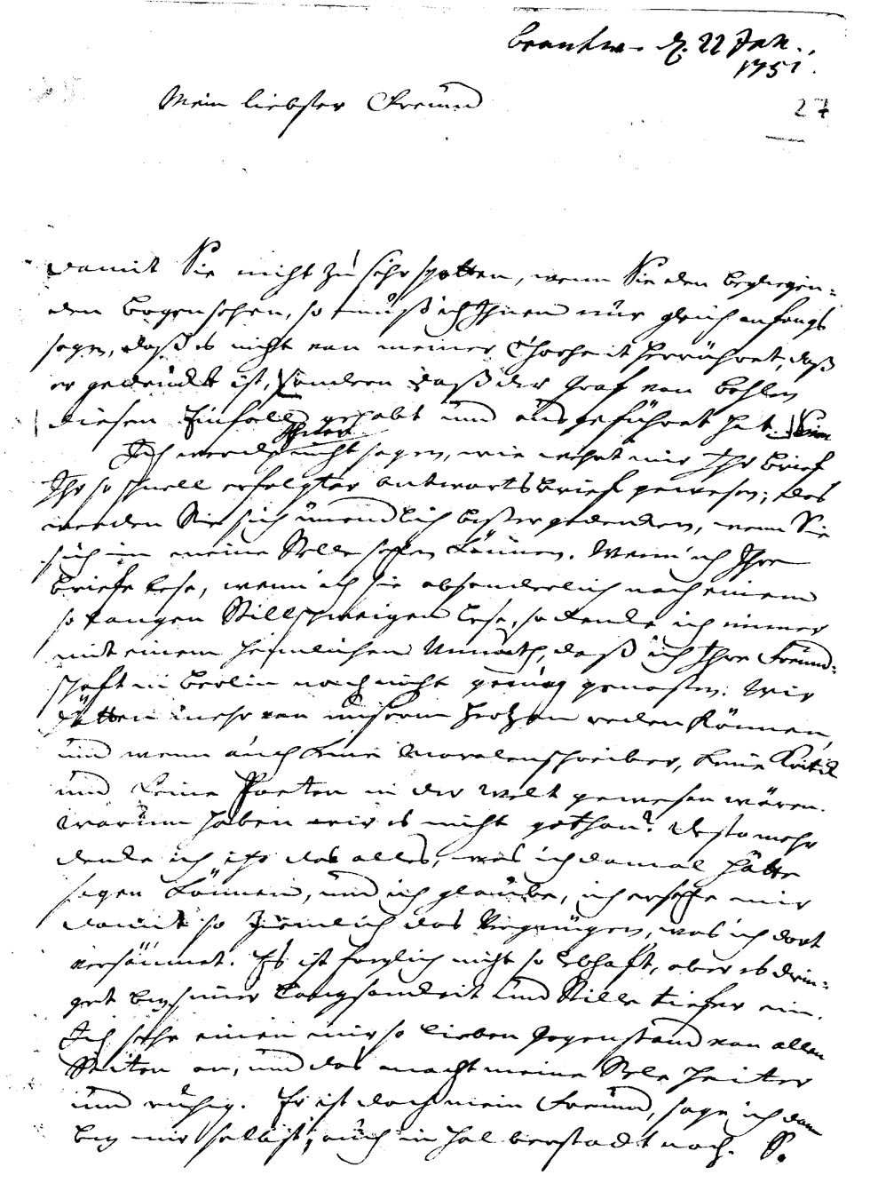 Brief J. J. Spaldings an J.W.L. Gleim vom 8. Januar 1751 (Gleimhaus Halberstadt CC BY-NC-SA)