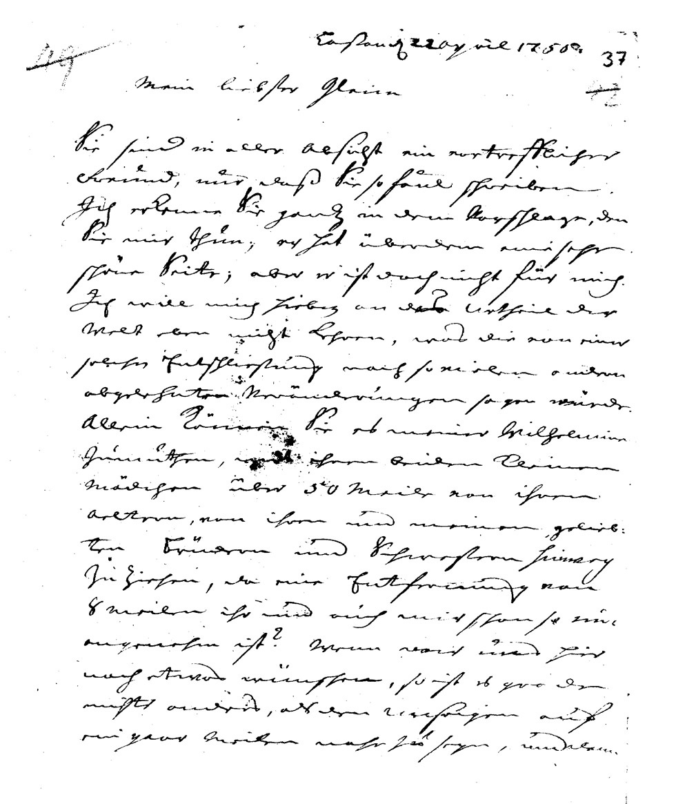 Brief J. J. Spaldings an J.W.L. Gleim vom 22. April 1755 (Gleimhaus Halberstadt CC BY-NC-SA)