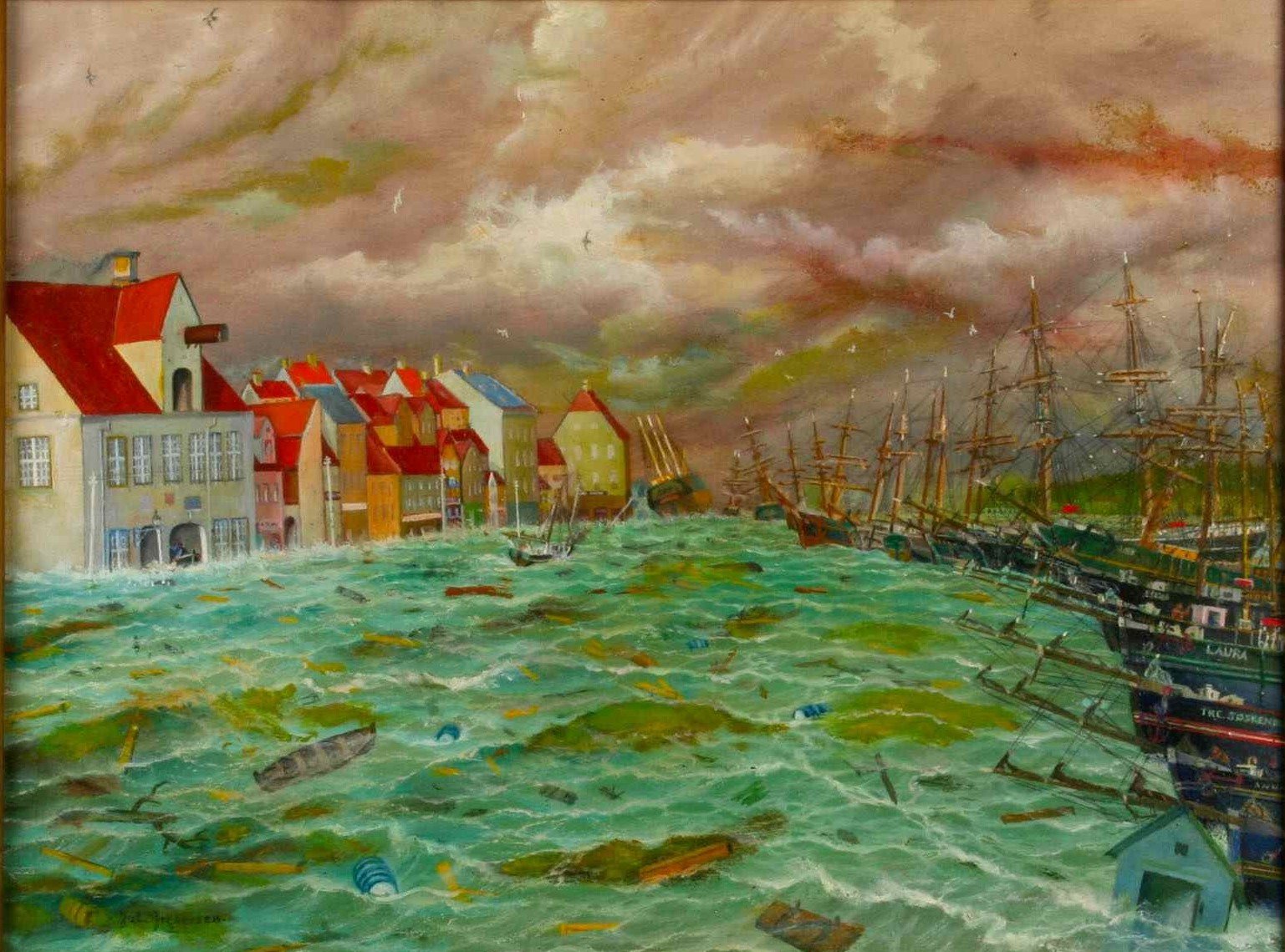 Die Schiffbrücke in Flensburg während des Hochwassers von 1872 (Flensburger Schifffahrtsmuseum CC BY-NC-SA)