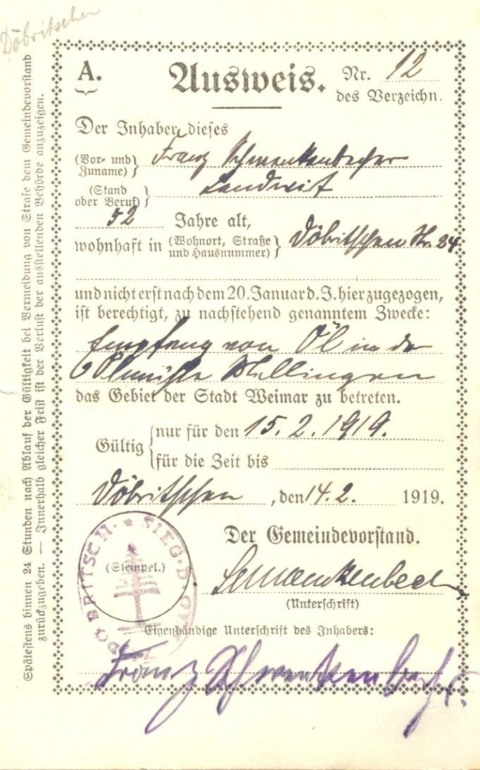Ausweis zum Betreten des Gebietes der Stadt Weimar während der Nationalversammlung 1919 (Stadtmuseum Weimar im Bertuchhaus CC BY-NC-SA)