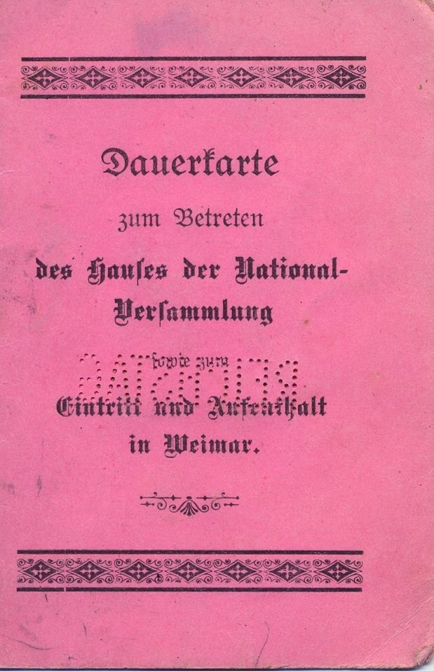 Dauerkarte zum Betreten des Hauses der Nationalversammlung (Stadtmuseum Weimar im Bertuchhaus CC BY-NC-SA)