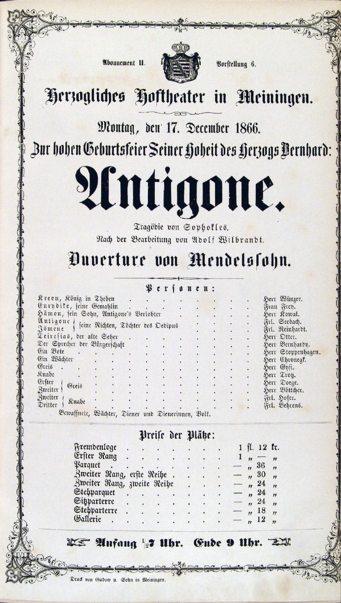 Meininger Hoftheater, Theaterzettel: Sophokles, Antigone, 17. 12. 1866 (Meininger Museen: Theatermuseum "Zauberwelt der Kulisse" CC BY-NC-SA)