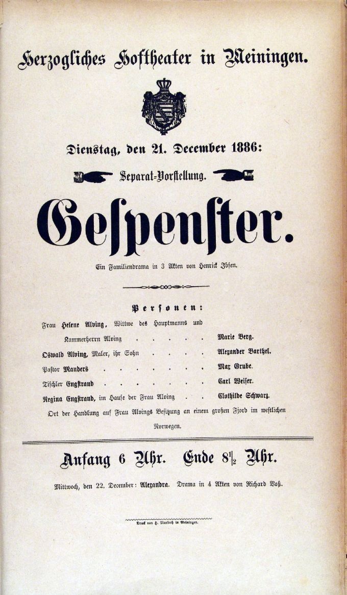 Gespenster, 21. 12. 1886 (Meininger Hoftheater, Theaterzettel) (Meininger Museen: Theatermuseum "Zauberwelt der Kulisse" CC BY-NC-SA)