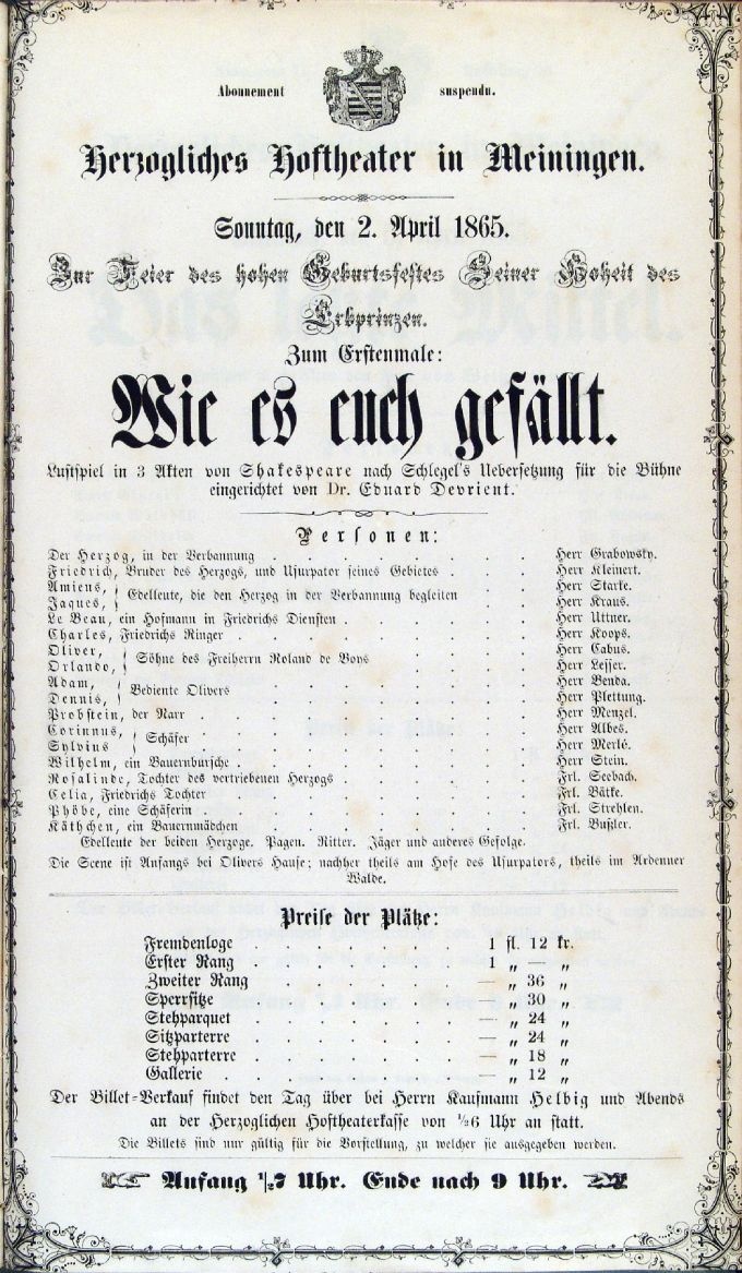 Wie es euch gefällt, 02. 04. 1865 (Meininger Hoftheater, Theaterzettel) (Meininger Museen: Theatermuseum "Zauberwelt der Kulisse" CC BY-NC-SA)