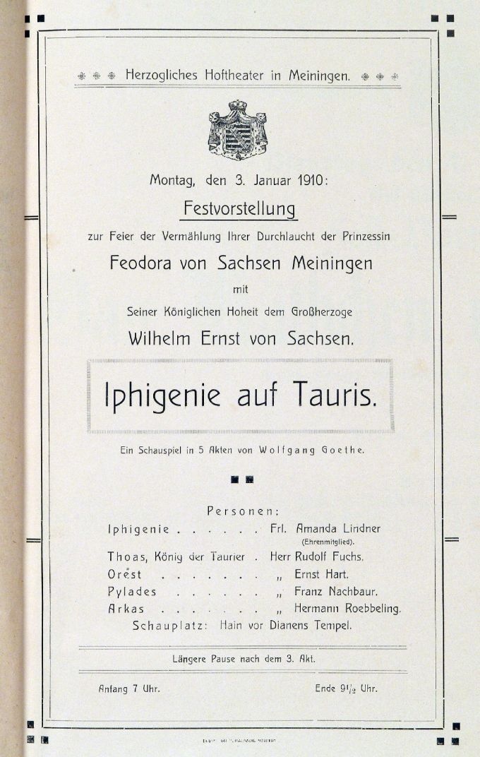 Iphigenie auf Tauris, 03. 01. 1910 (Meininger Hoftheater, Theaterzettel) (Meininger Museen: Theatermuseum "Zauberwelt der Kulisse" CC BY-NC-SA)