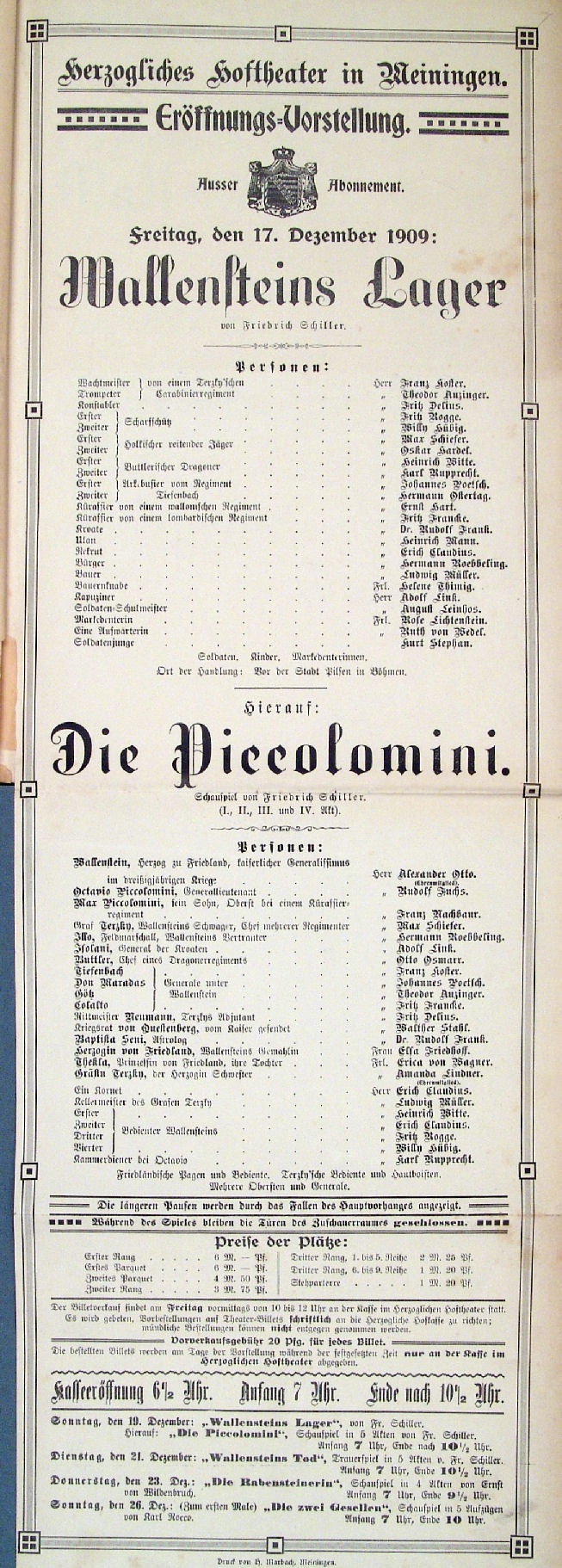 Wallensteins Lager/Die Piccolomini, 17. 12. 1909 (Meininger Hoftheater, Theaterzettel) (Meininger Museen: Theatermuseum "Zauberwelt der Kulisse" CC BY-NC-SA)
