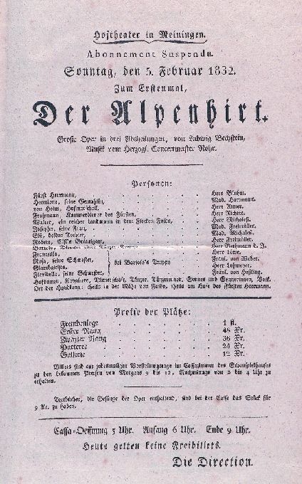 Der Alpenhirt, 05. 02. 1932 (Meininger Museen: Theatermuseum "Zauberwelt der Kulisse" CC BY-NC-SA)
