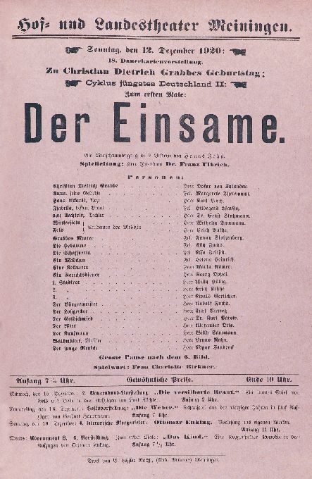 Der Einsame, 12. 12. 1920 (Meininger Hoftheater, Theaterzettel) (Meininger Museen: Theatermuseum "Zauberwelt der Kulisse" CC BY-NC-SA)