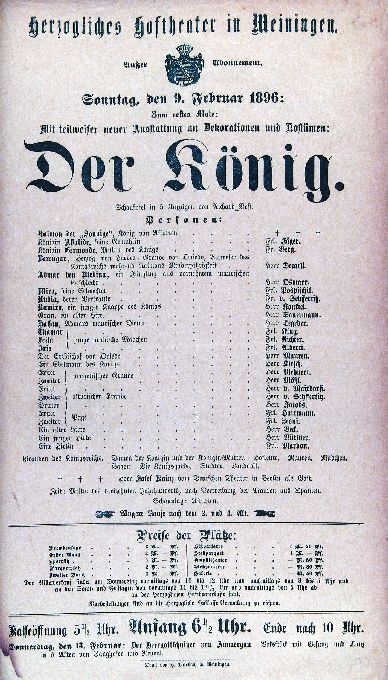 Der König, 09. 02. 1896 (Meininger Hoftheater, Theaterzettel) (Meininger Museen: Theatermuseum "Zauberwelt der Kulisse" CC BY-NC-SA)