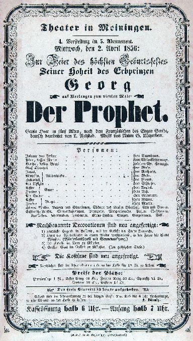 Der Prophet, 02. 04. 1856 (Meininger Hoftheater, Theaterzettel) (Meininger Museen: Theatermuseum "Zauberwelt der Kulisse" CC BY-NC-SA)