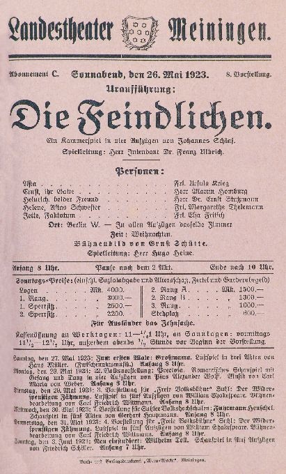 Die Feindlichen, Spielzeit 1922/23 (Meininger Hoftheater, Theaterzettel) (Meininger Museen: Theatermuseum "Zauberwelt der Kulisse" CC BY-NC-SA)