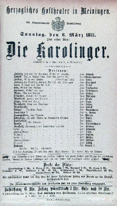 Die Karolinger, 06. 03. 1881 (Meininger Hoftheater, Theaterzettel) (Meininger Museen: Theatermuseum "Zauberwelt der Kulisse" CC BY-NC-SA)