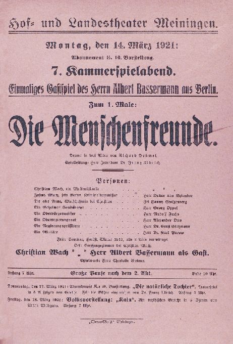 Die Menschenfreunde, 14. 03. 1921 (Meininger Hoftheater, Theaterzettel) (Meininger Museen: Theatermuseum "Zauberwelt der Kulisse" CC BY-NC-SA)