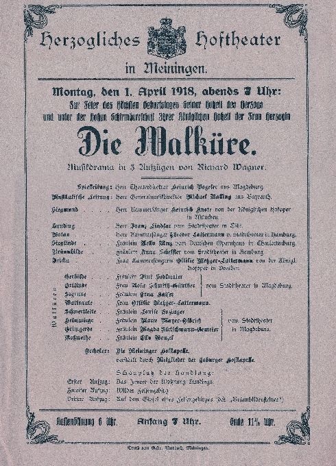 Die Walküre, 01. 04. 1918 (Blatt 93 im Theaterzettelband 1917/18) (Meininger Museen: Theatermuseum "Zauberwelt der Kulisse" CC BY-NC-SA)