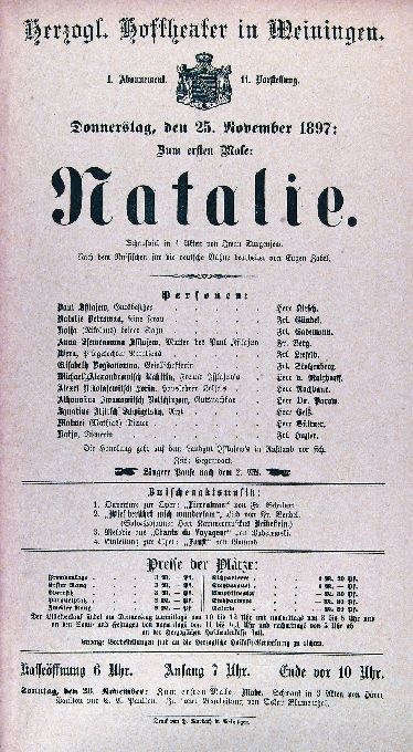 Natalie, 25. 11. 1897 (Meininger Hoftheater, Theaterzettel) (Meininger Museen: Theatermuseum "Zauberwelt der Kulisse" CC BY-NC-SA)
