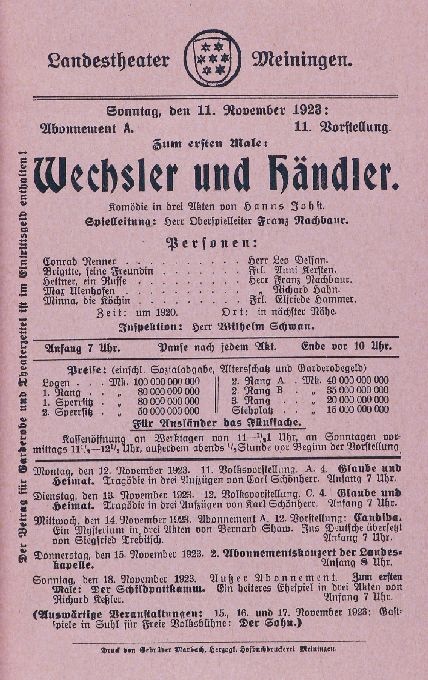 Wechsler und Händler, 11. 11. 1923 (Meininger Hoftheater, Theaterzettel) (Meininger Museen: Theatermuseum "Zauberwelt der Kulisse" CC BY-NC-SA)