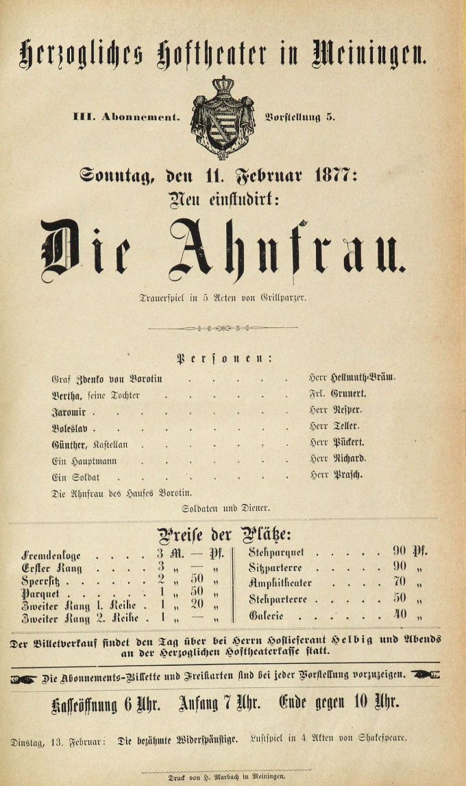 Die Ahnfrau, 11. 02. 1877 (Herzogliches Hoftheater in Meiningen, Theaterzettel) (Meininger Museen: Theatermuseum "Zauberwelt der Kulisse" CC BY-NC-SA)