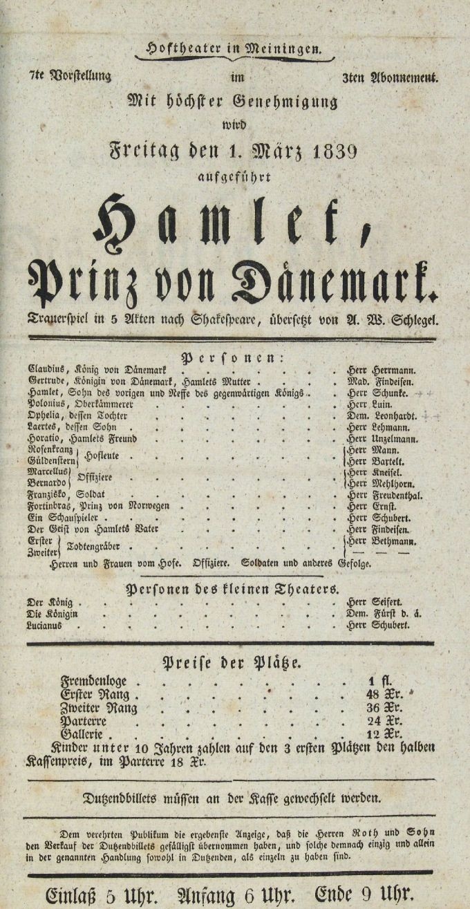 Hamlet, 01. 03. 1839 (Hoftheater in Meiningen, Theaterzettel) (Meininger Museen: Theatermuseum "Zauberwelt der Kulisse" CC BY-NC-SA)