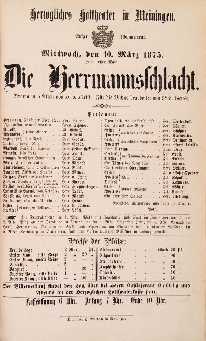 Die Hermannsschlacht, 10. 03. 1875 (Herzogliches Hoftheater in Meiningen, Theaterzettel) (Meininger Museen: Theatermuseum "Zauberwelt der Kulisse" CC BY-NC-SA)